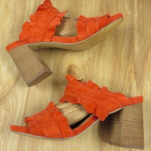 FREE PEOPLE Rosie Ruffle Heels Sz 38 Red Orange Slip On Slide Sandals Block Heel